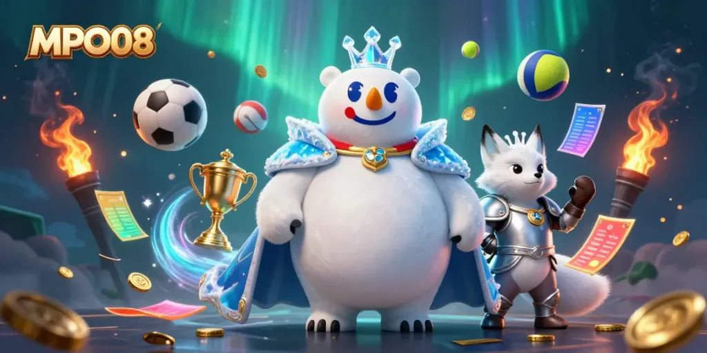 Engage with MPO08 in this immersive 3D scene featuring a polar bear and snow fox amid vibrant sports betting elements.