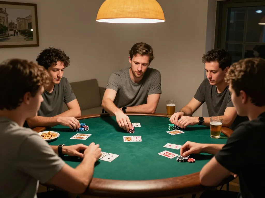 Engage in a thrilling home poker night with friends at gen-e, showcasing strategic gameplay.