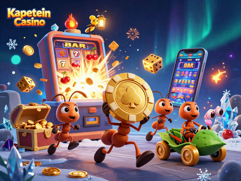 Tim semut Kapitein Casino melaksanakan aksi pencurian poker chip emas besar sambil dikelilingi mesin slot dan berbagai elemen kasino.