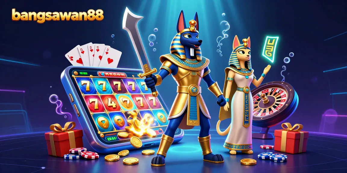 Bets and wins at bangsawan88 illustrated by ancient Egyptian warriors and vibrant slot games.