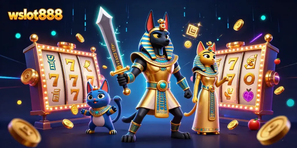 Wslot888 menghibur dengan pahlawan Anubis dan simbol slot yang menawan.