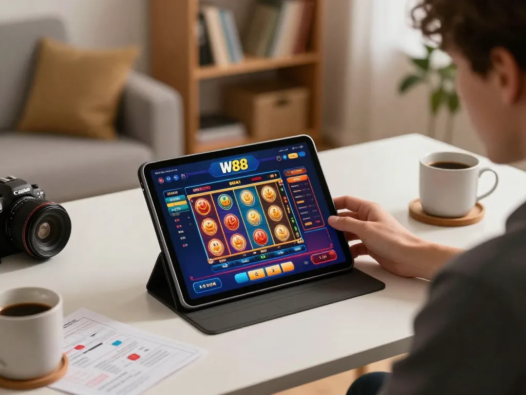 Engaging user exploring W88 casino games on tablet at home, surrounded by strategic notes.
