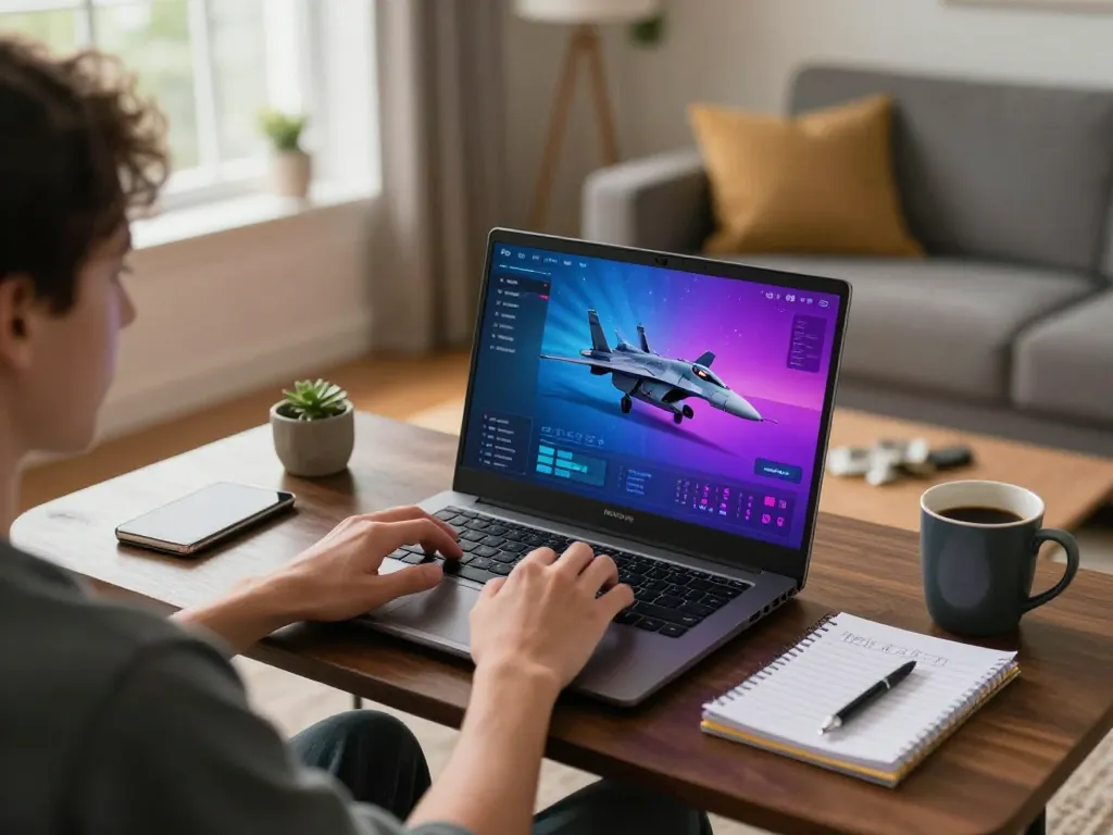 Person playing F168 on a laptop in a cozy setting, emphasizing responsible gambling strategies.