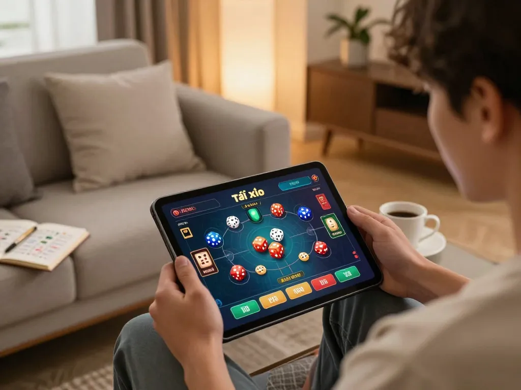 Engaging in tài xỉu gaming on a tablet in a cozy home setting, showcasing a modern online gaming experience.