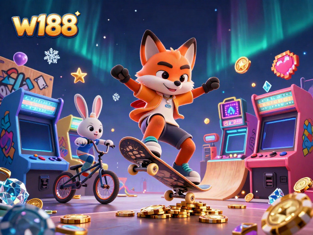 Experience thrilling action at w188 with a skateboarder fox and BMX rabbit amid colorful casino-themed graphics.