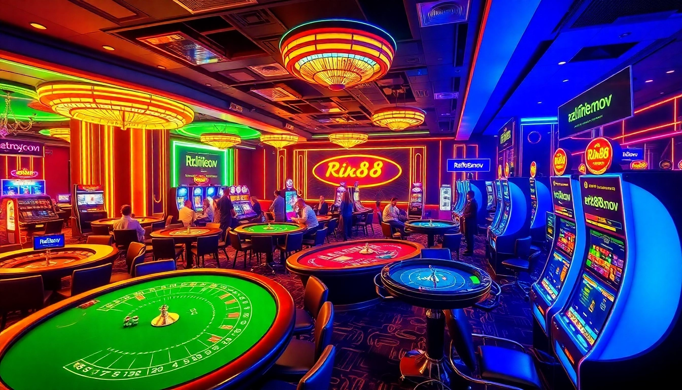 Exciting casino scene with players engaging at tables featuring https://rr88.mov/ and glowing neon lights.
