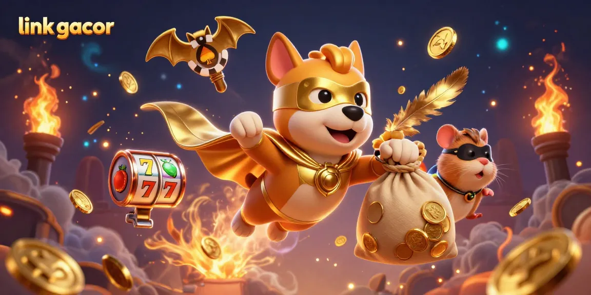 Spin the reels with link gacor as a superhero dog collects gold coins in a vibrant casino
