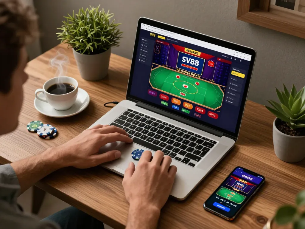 Engaged player using the SV88 online casino platform for strategic gameplay at home.