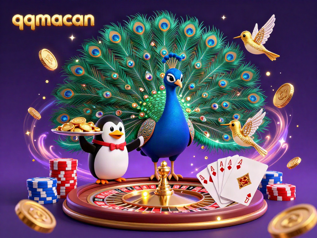 Experience the vibrant excitement of qqmacan with a peacock, penguin, and hummingbird surrounded by vibrant casino elements.