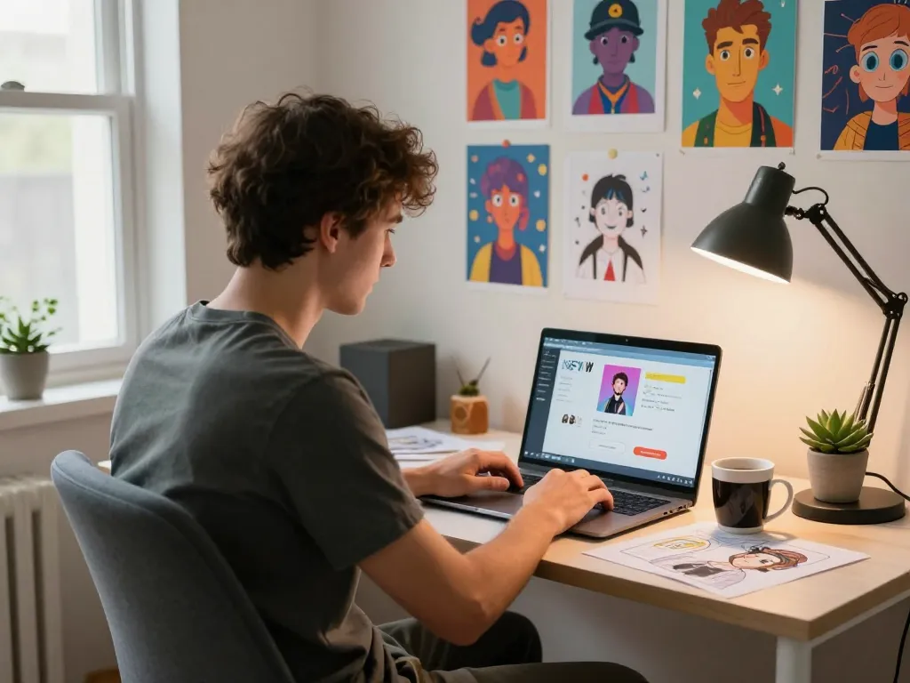 Engaging NSFW chat session in a cozy home office with vibrant character designs and natural lighting.