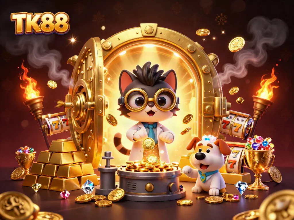 TK88 showcases exciting casino fun with mad scientist characters, slots, and golden treasures.