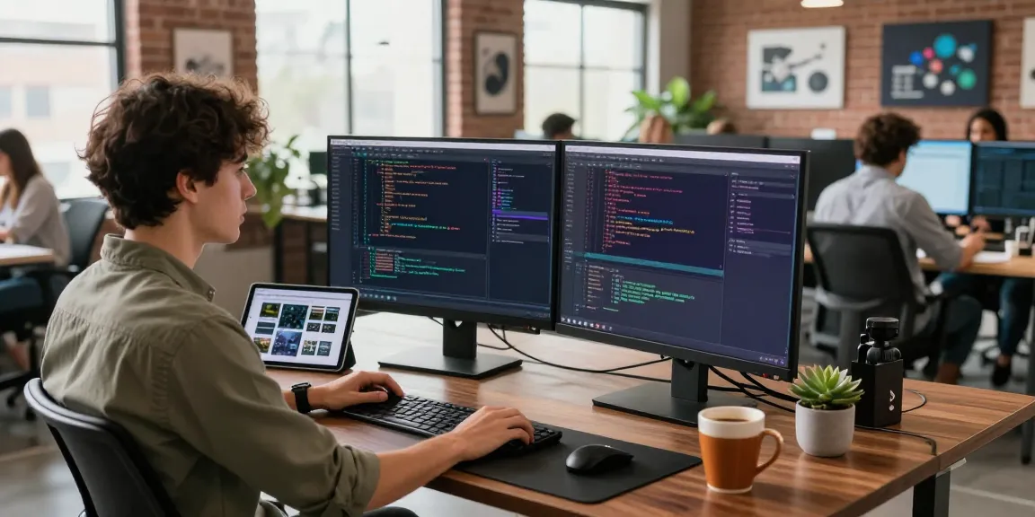 Dynamic workspace featuring a developer using spicy ai tools with dual monitors and creative elements.