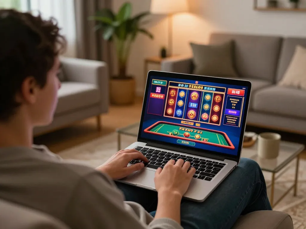 Engaging online gaming experience at home with 99Win on a laptop, showcasing vibrant slots and live dealer tables.
