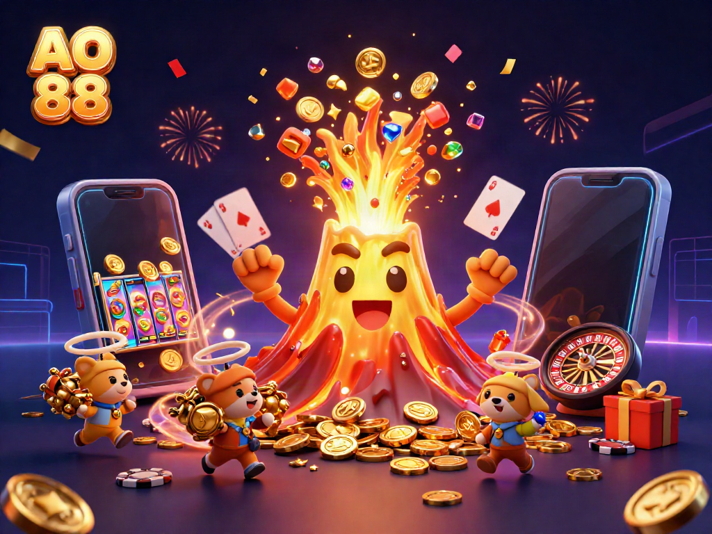 Play casino games at AO 88 featuring a golden volcano erupting coins, treasure, and vibrant game elements.