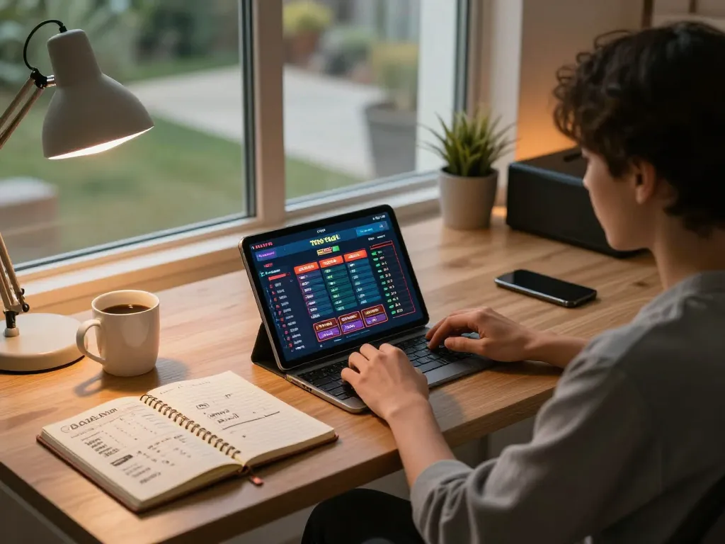 Terlibat dalam taruhan toto togel di tablet dalam pengaturan kantor rumah yang nyaman, menampilkan permainan strategis.