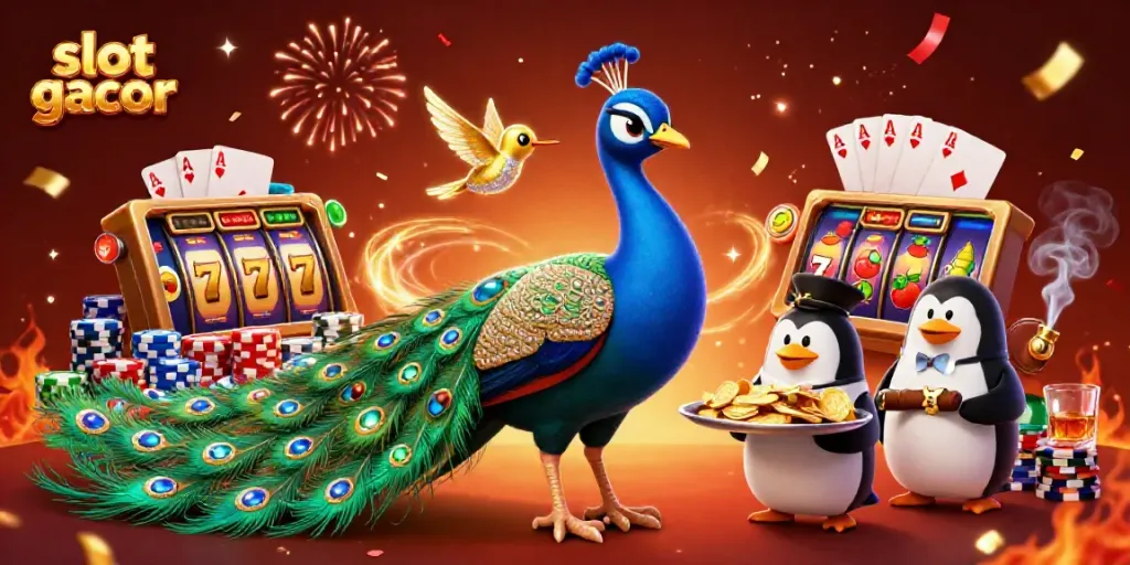 Experience thrilling slot gacor action with a festive 3D casino scene showcasing vibrant characters and game elements.