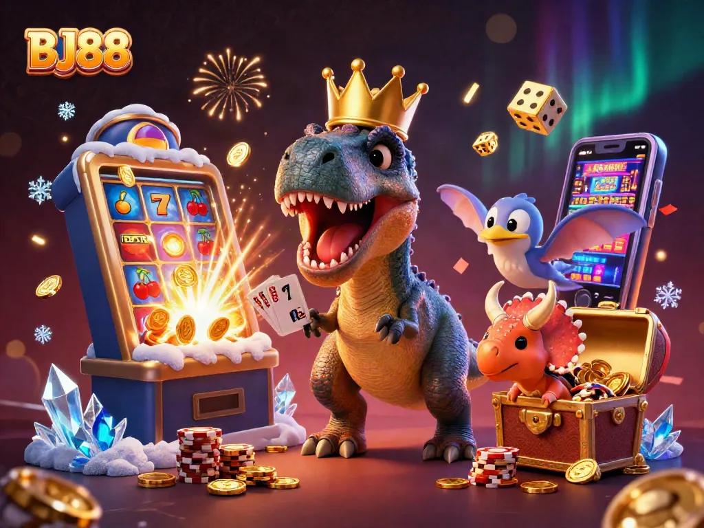 BJ88 T-Rex card shuffling with a pterodactyl, baby triceratops stacking chips in a vibrant casino scene.