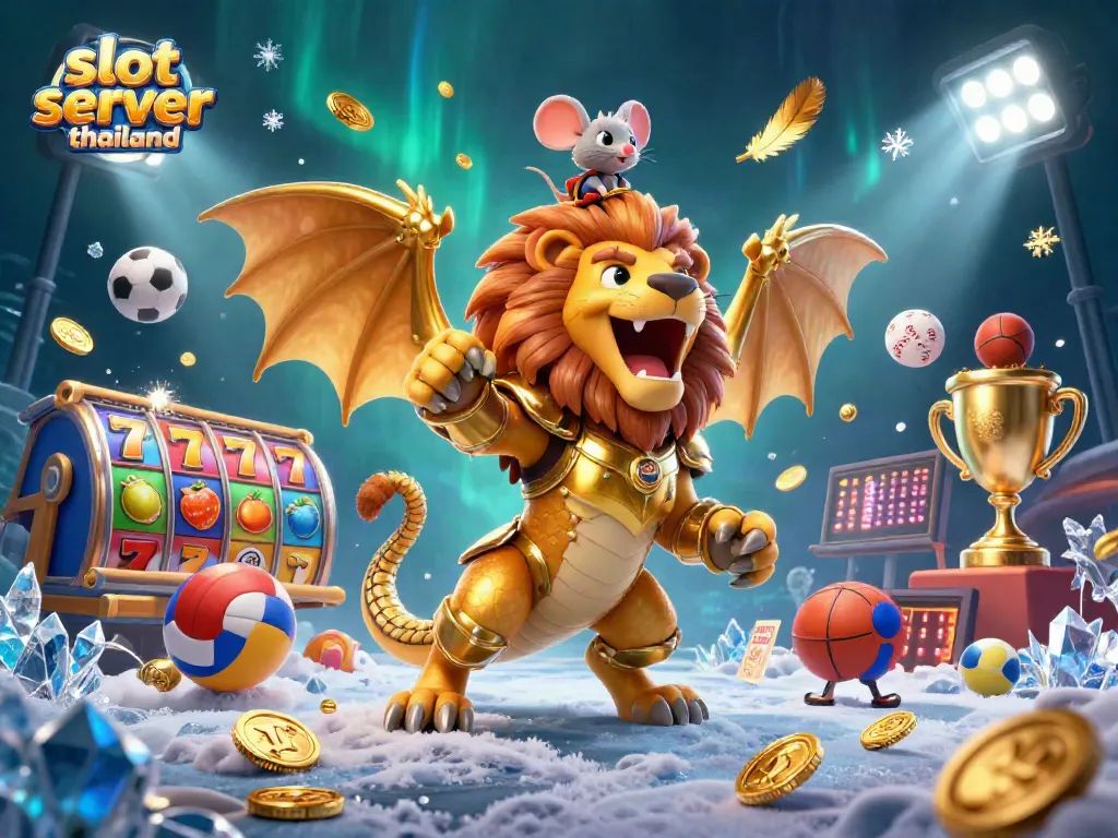 Experience excitement with slot server thailand featuring a chimera, slot reels, and dynamic sports elements.