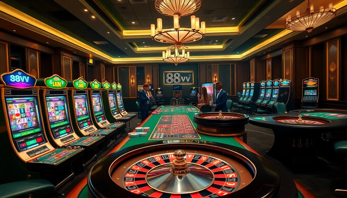 Players enjoying thrilling games at 88vv's luxurious casino, complete with vibrant slot machines and poker chips.