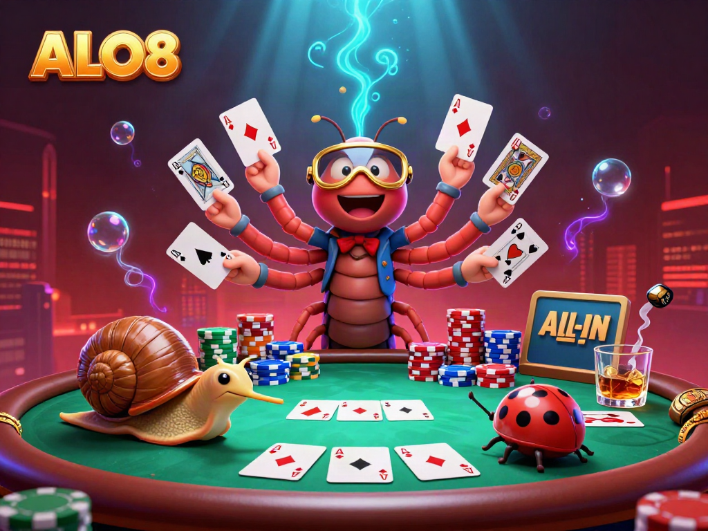 Experience the excitement of ALO8 with a vibrant 3D casino scene featuring a unique millipede dealer and colorful game elements.