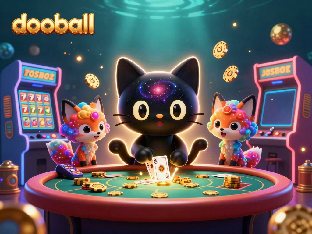 Engage in dooball's cosmic gaming with ultra-detailed illustrations of a black hole cat and a nebula fox at a vibrant casino table.