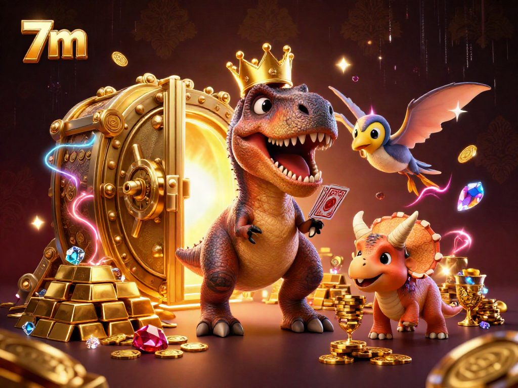 Engaging scene of 7m with cartoon dinosaurs playing cards and stacking chips in a whimsical casino atmosphere.