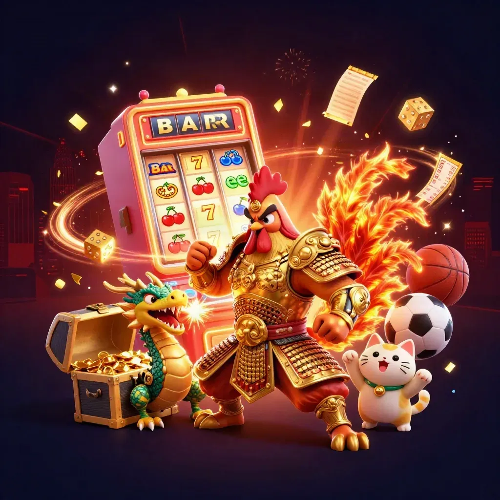 Rooster samurai, spark-breathing dragon hatchling, and cheering fortune cat amid casino bursts and gold.