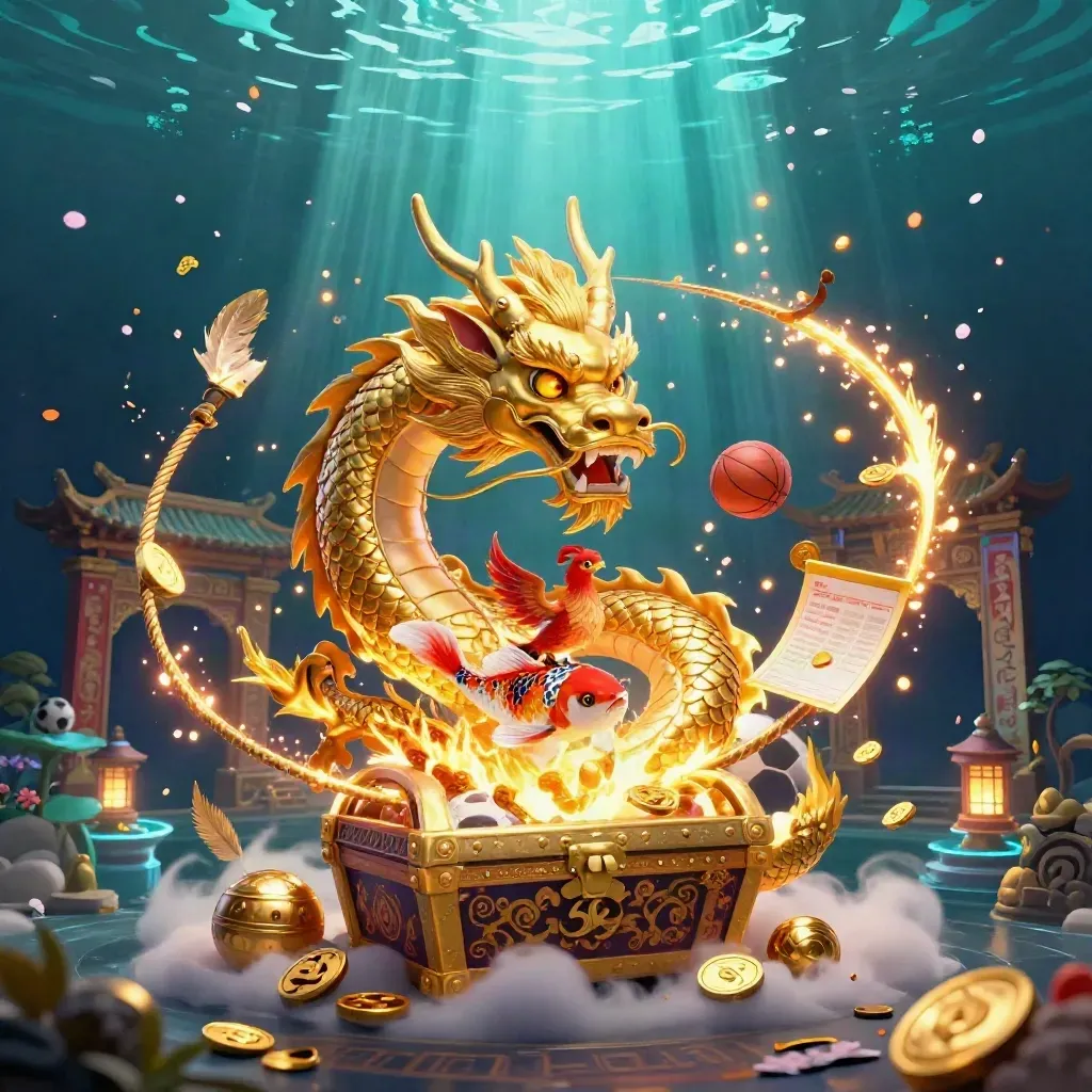 Golden dragon, phoenix and koi over treasure in a neon casino fantasy with sports props