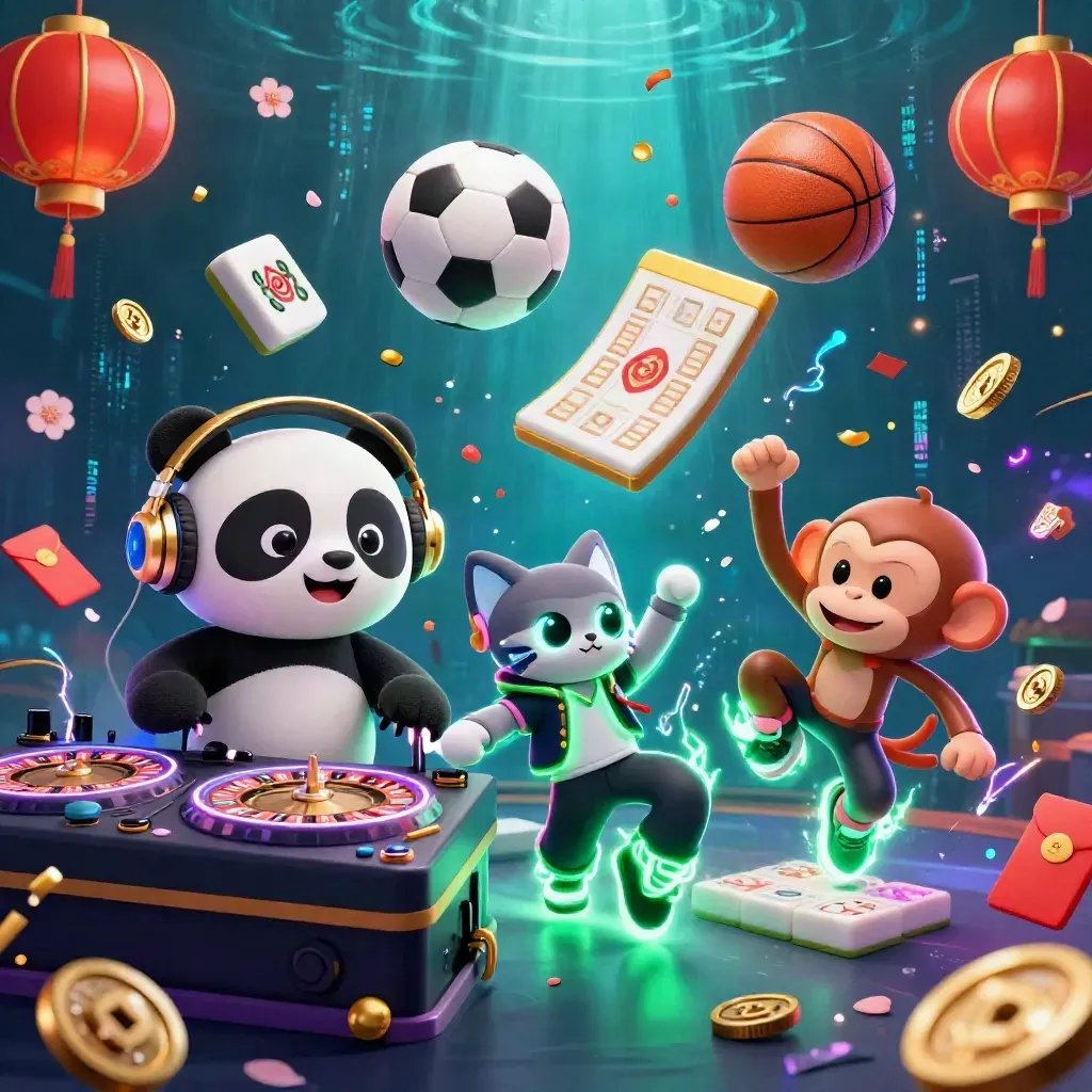 DJ panda, monkey, and kitten amid casino sports chaos with balls, coins, lanterns, and neon energy.
