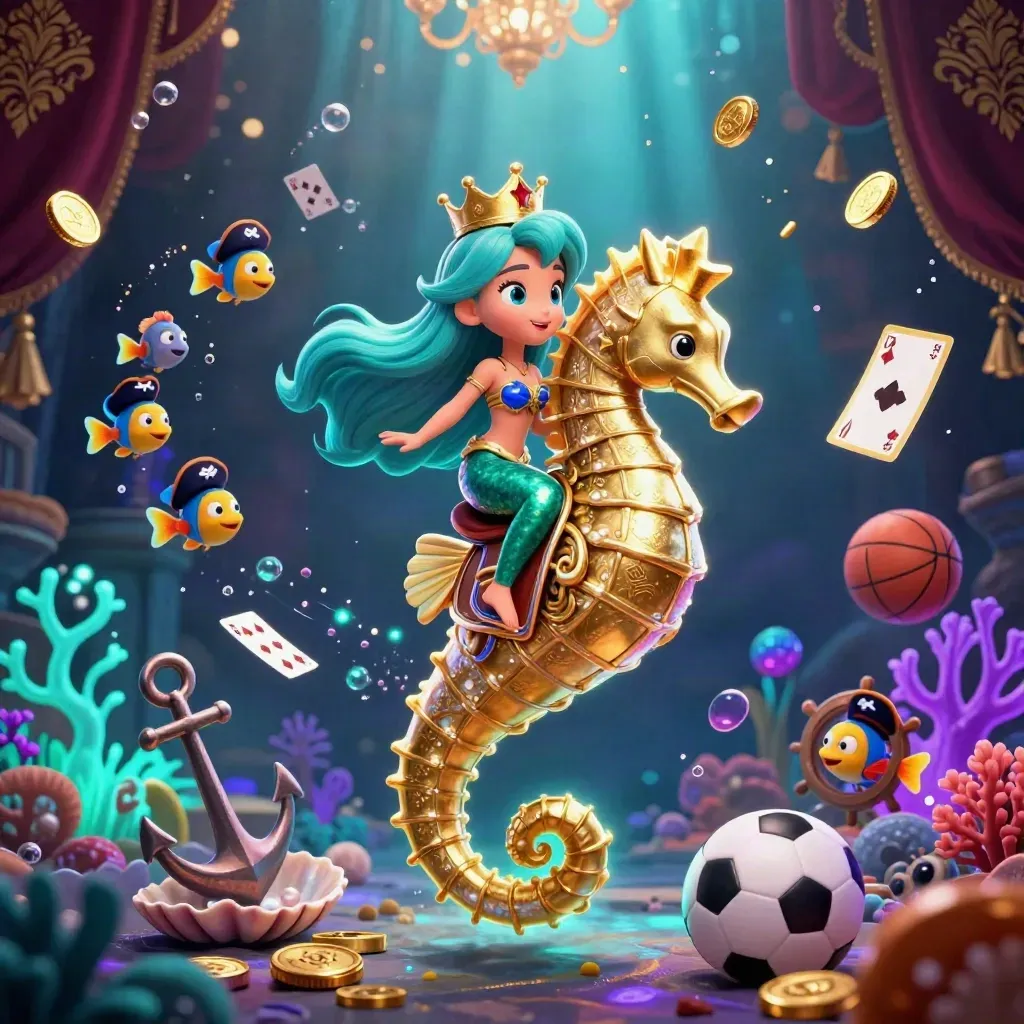 Turquoise-haired mermaid princess on golden seahorse amid coins, cards, coral, and glowing balls
