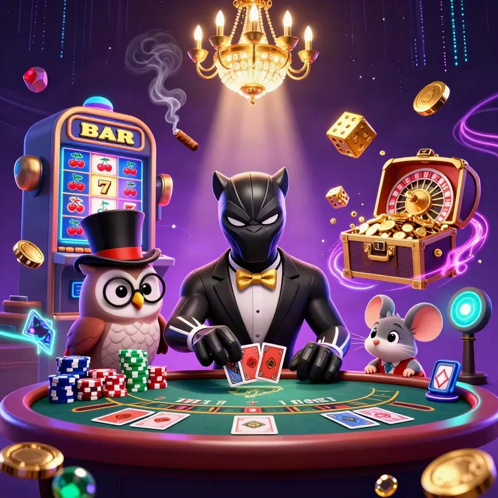 Panther, owl, and mouse in a neon casino room with jackpot slot, dice, chest, and purple-gold glow