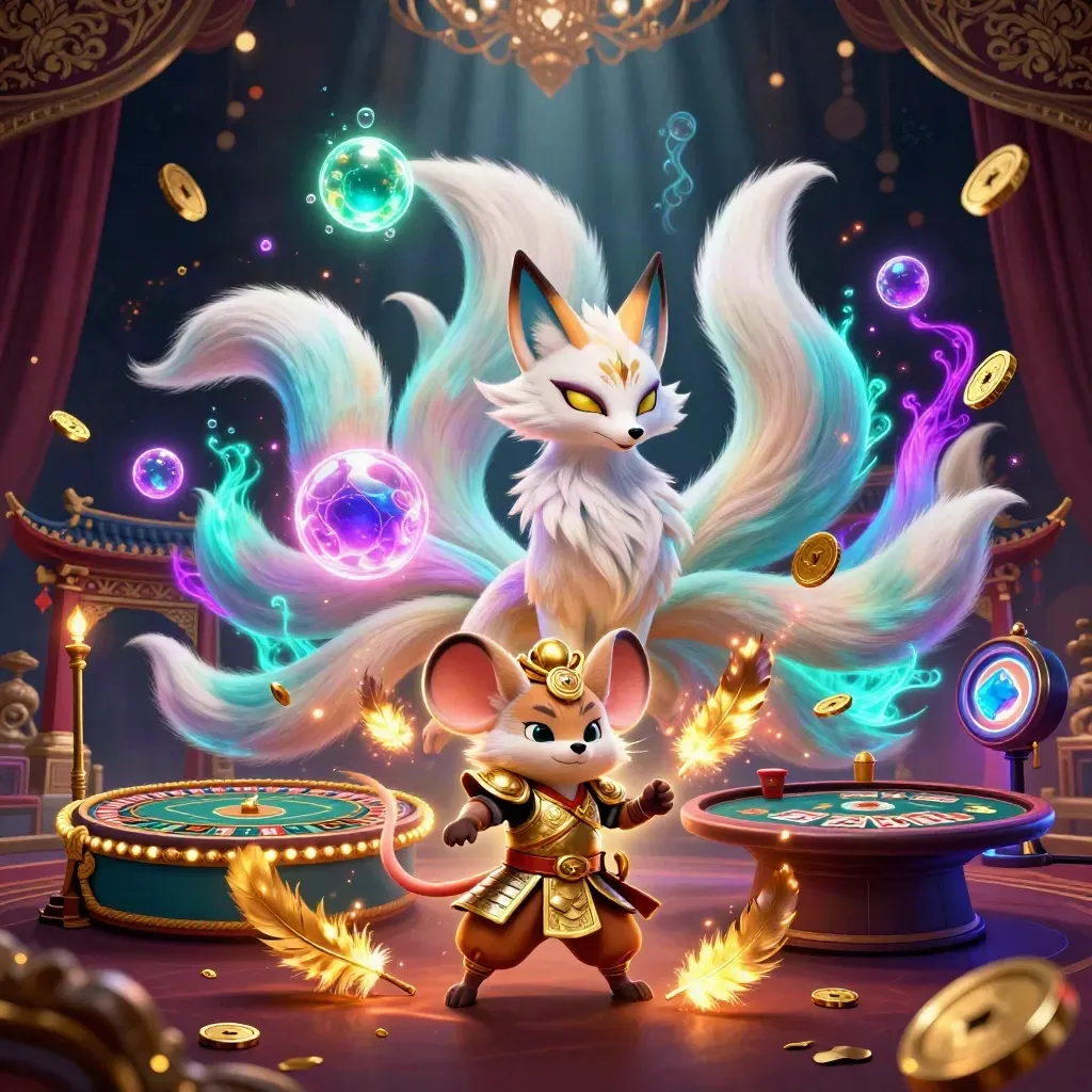 Neon fox spirit and armored mouse amid casino relics, gold smoke, and temple glow.