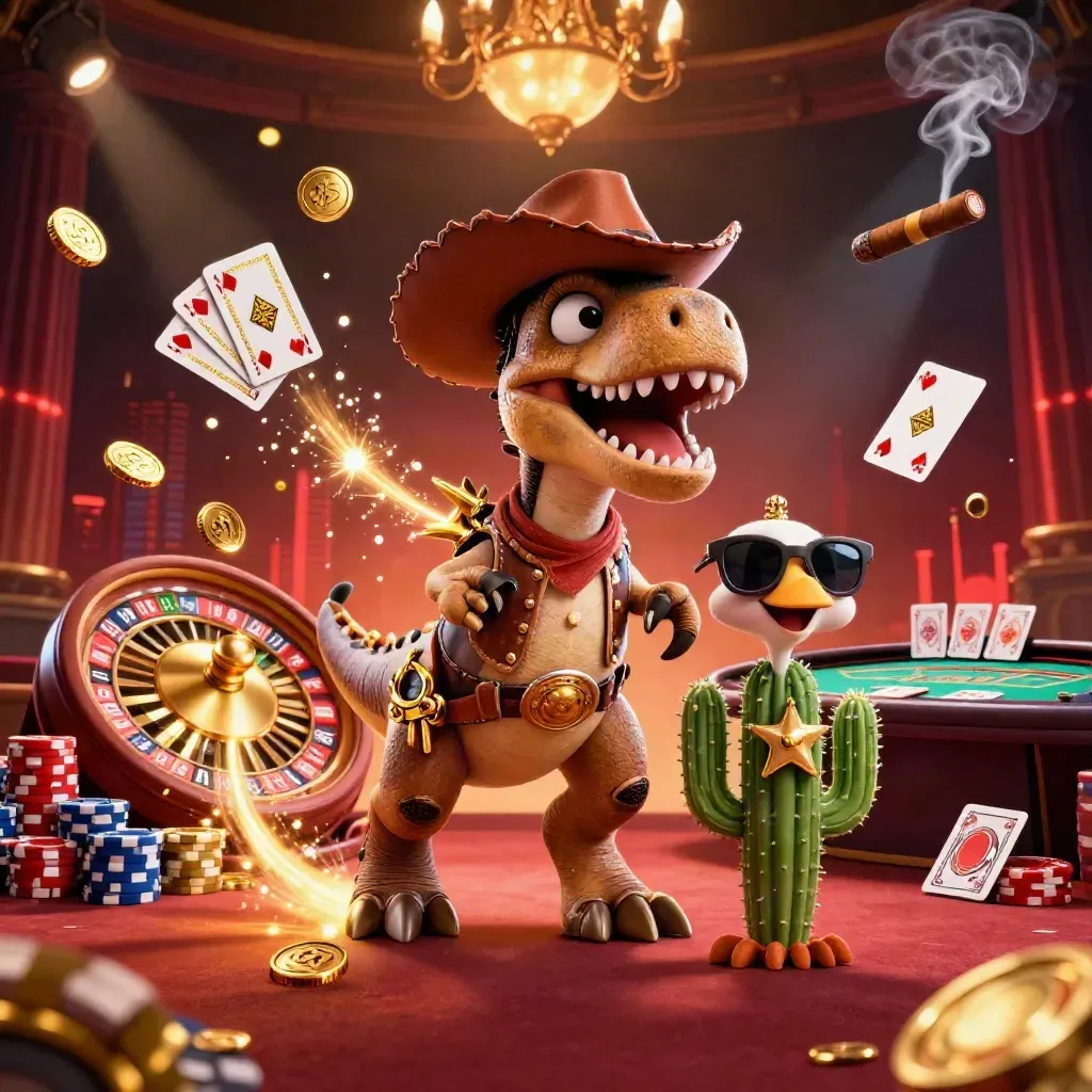 Cowboy T-Rex, cactus sidekick and roadrunner amid gold coins, gems, roulette spin and casino glow
