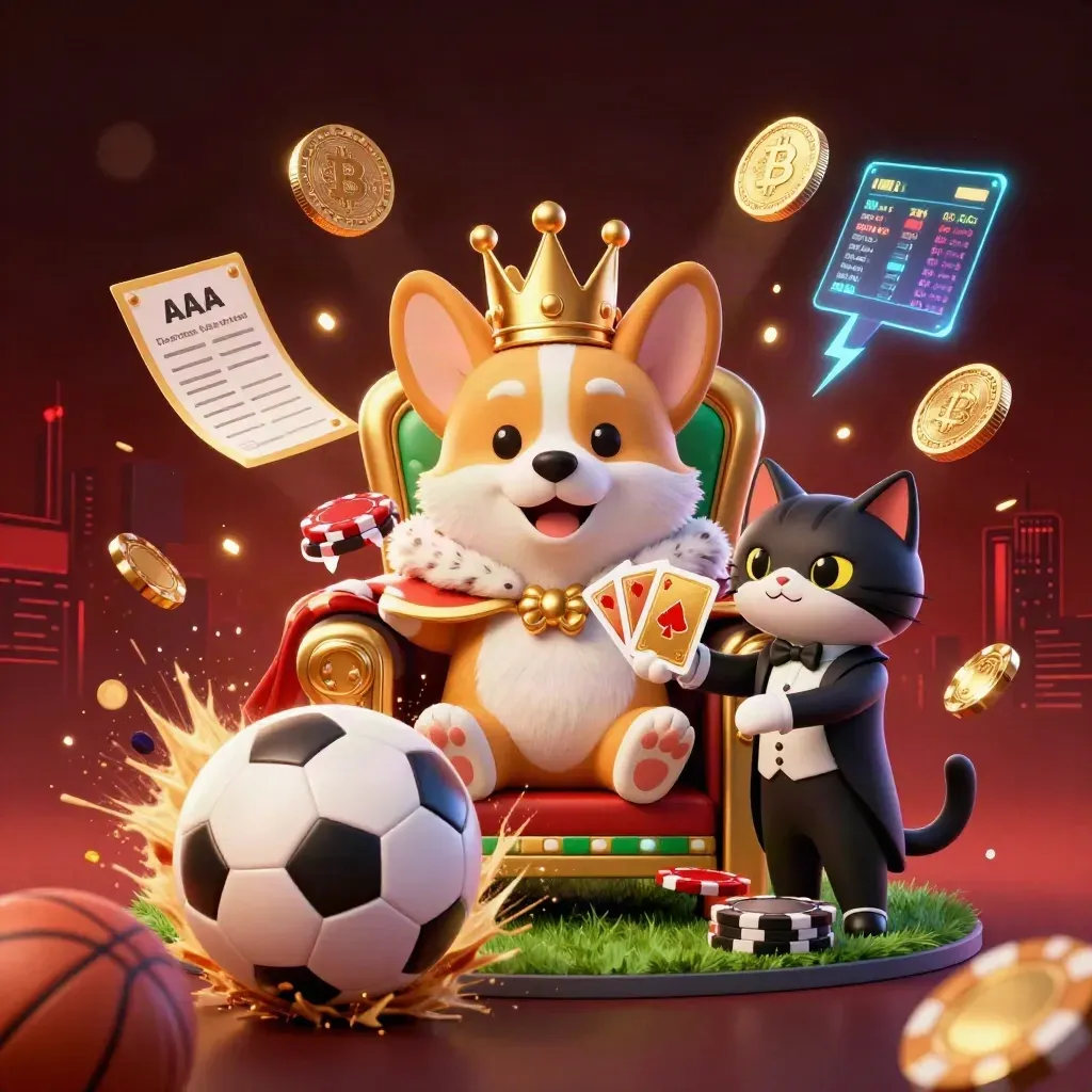 Royal corgi and cat butler amid casino sports chaos, flying balls, chips, coins, and gold light.