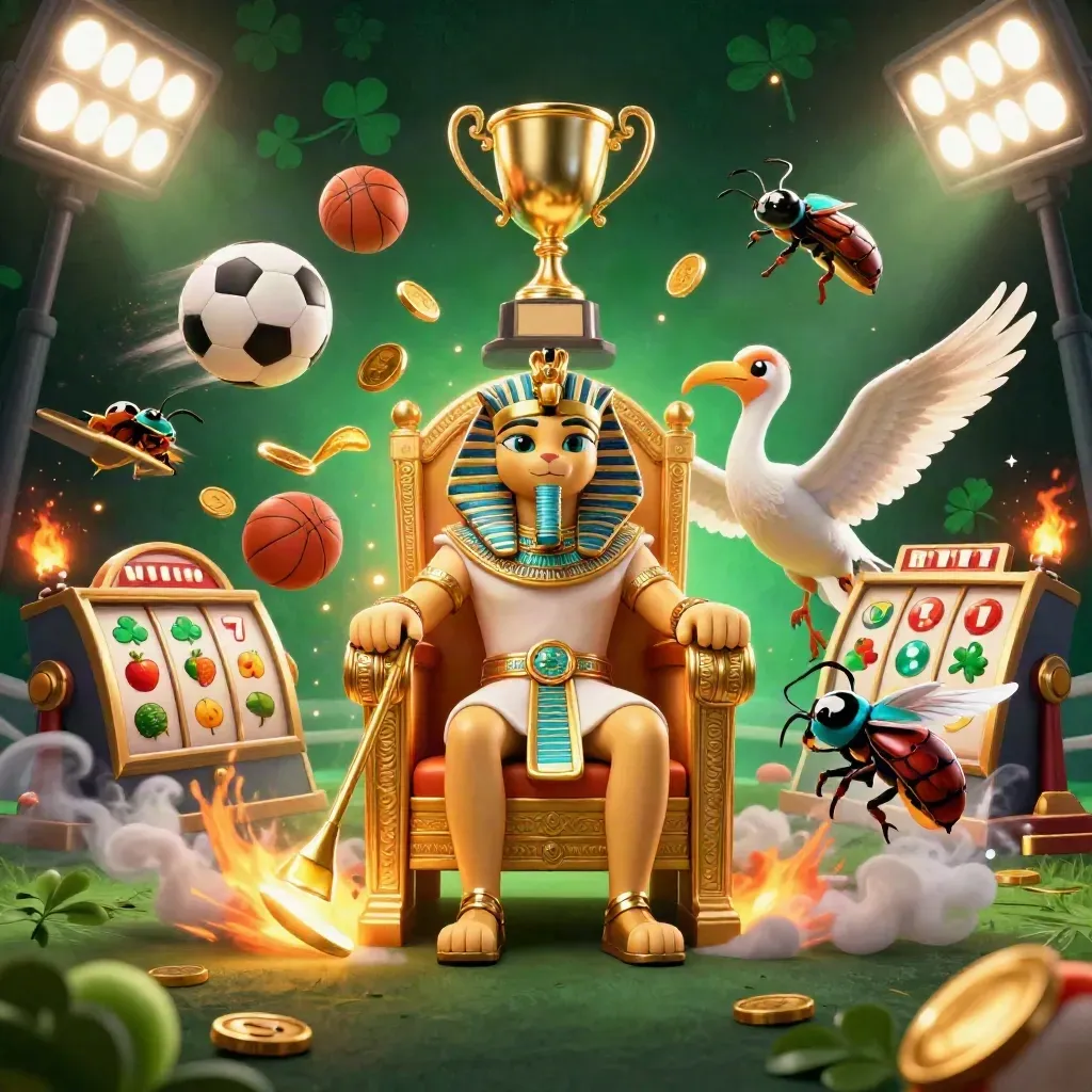 Pharaoh cat, ibis scribe, scarabs, sports balls, trophy, and casino sparks