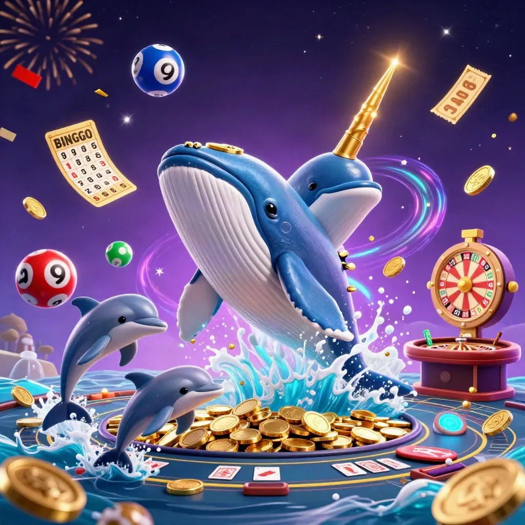 Cartoon whale captain, narwhal and dolphins amid casino magic, coins, fireworks, and glowing loot.