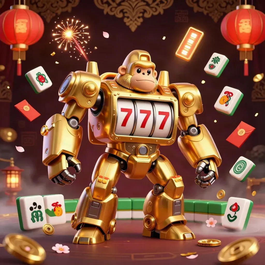 Golden gorilla mech with tiny monkey pilot amid lanterns, coins, petals, and casino energy