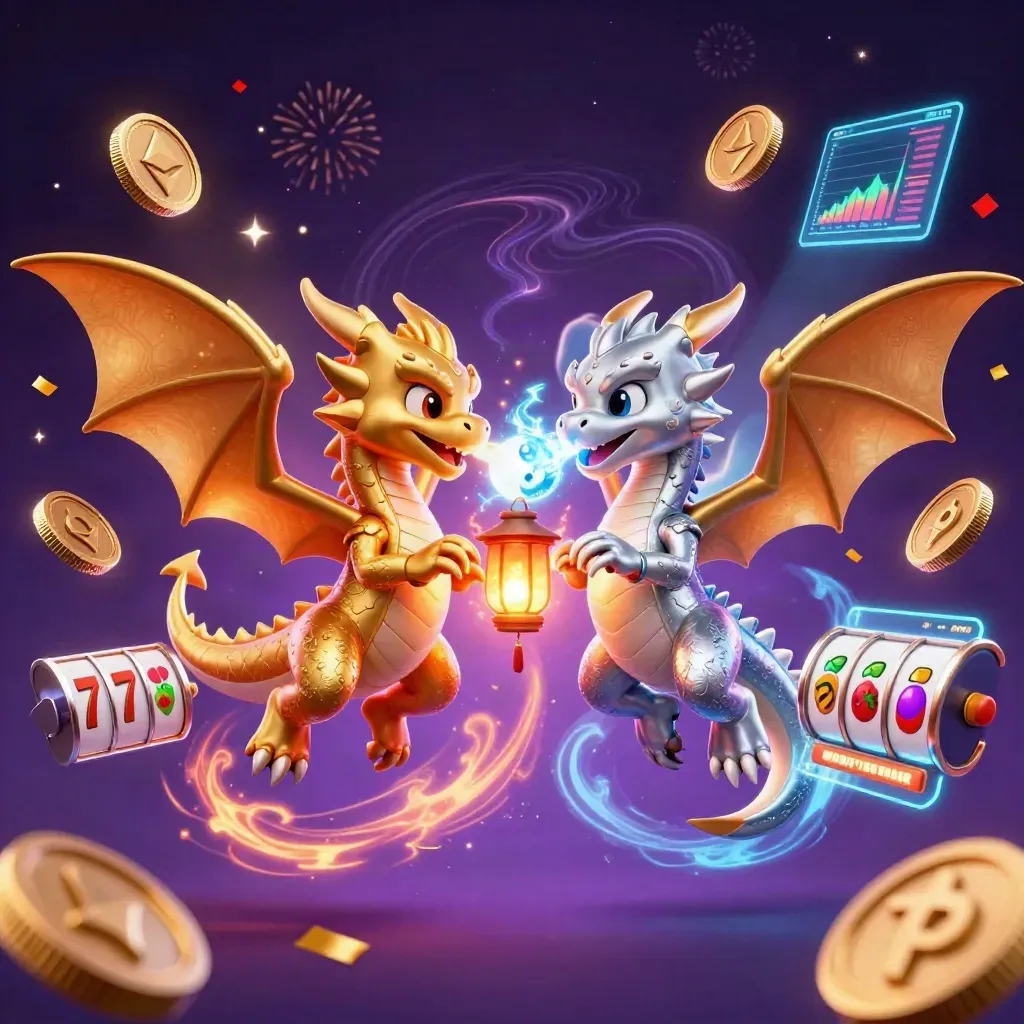 Gold and silver dragons spiral with fire and ice, coins, reels, lightning, and sparks.