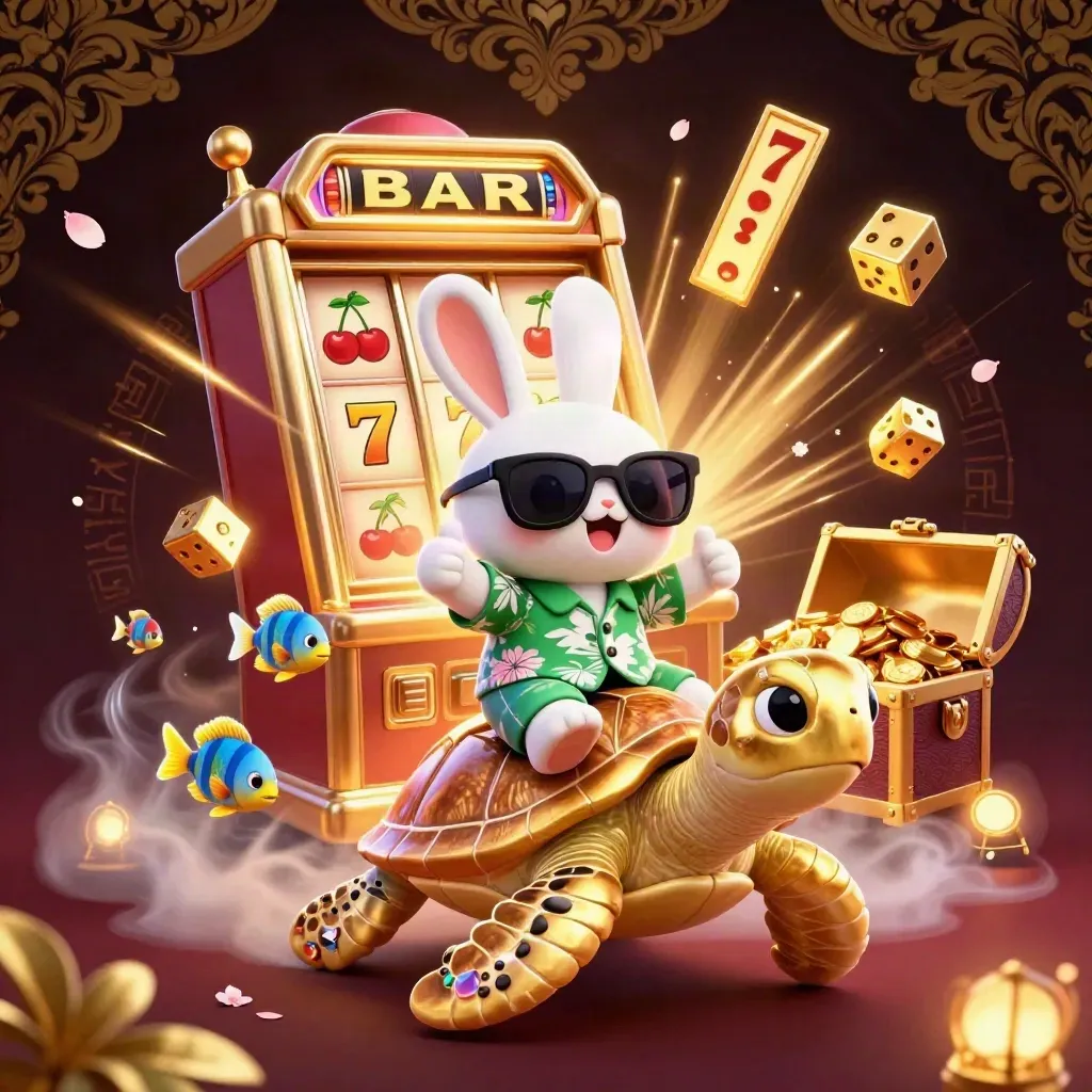 Lucky rabbit rides a golden sea turtle amid bursting slot machine loot and treasure.