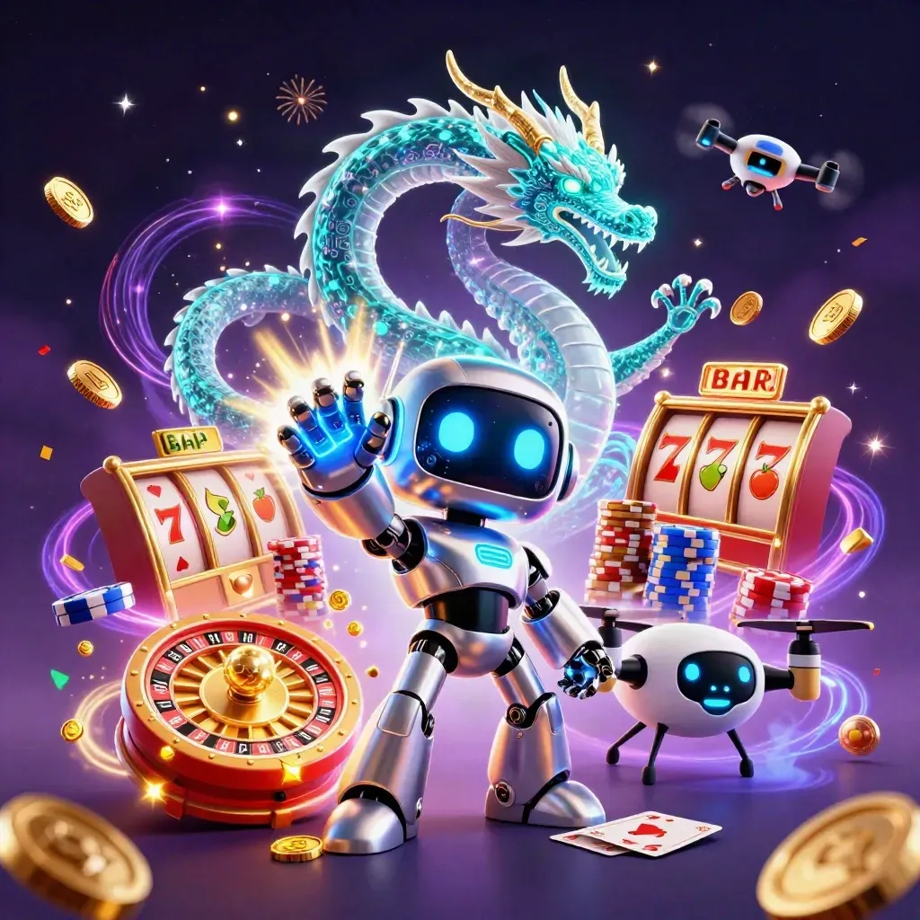 Cyberpunk robot, holographic dragon and coin drone amid coins, chips, cards and neon casino magic.