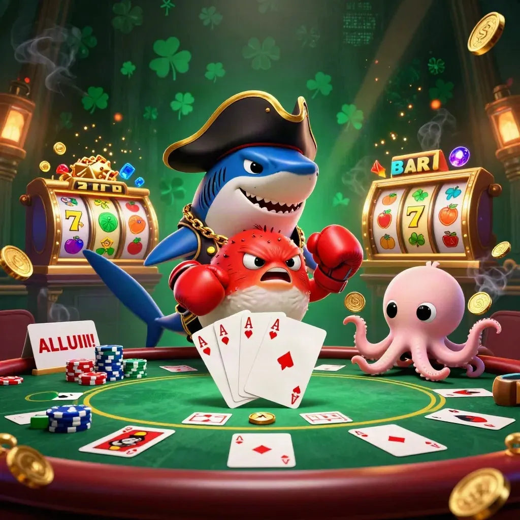 Shark pirate, boxing pufferfish and juggling octopus amid chips, cards and emerald casino glow.