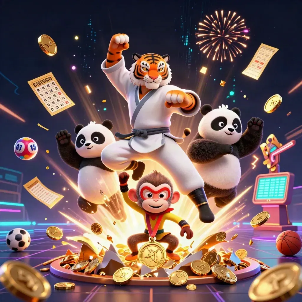 Tiger, panda, and monkey in a casino-style vault burst with coins, balls, wheel, and fireworks.