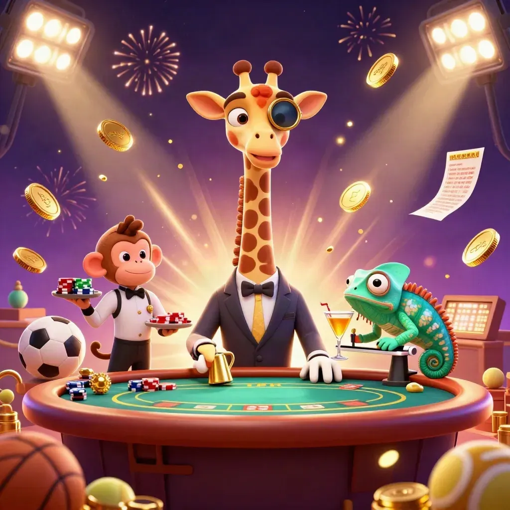 Giraffe, monkey, and chameleon in a casino celebration with coins, sports balls, trophy, and fireworks