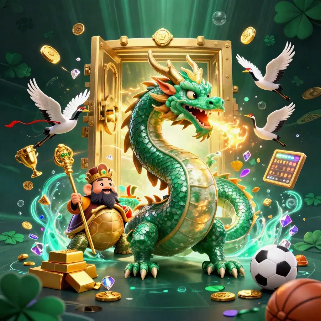 Dragon, turtle sage, and cranes burst from a vault amid gold, gems, sports items, and neon light.