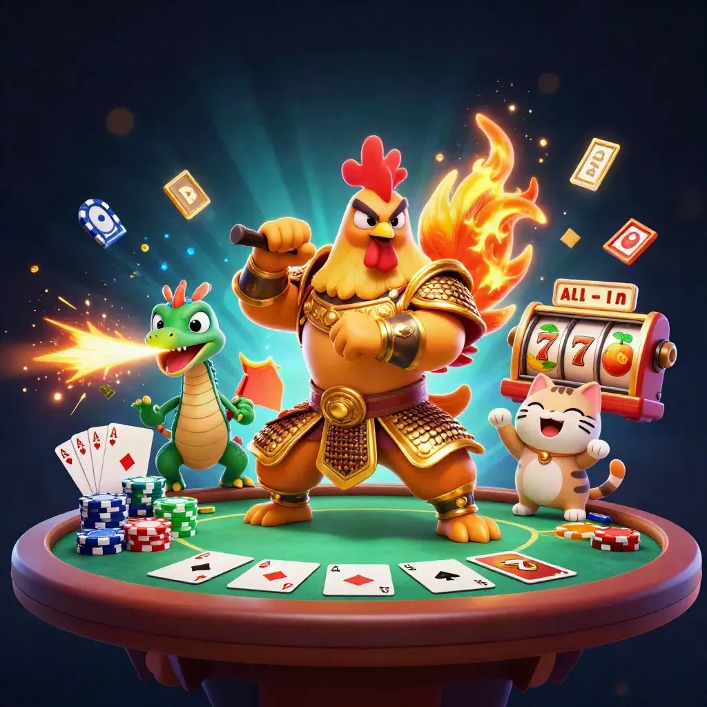 Rooster warrior, dragon hatchling, and fortune-cat amid casino chips, cards, and neon lights.