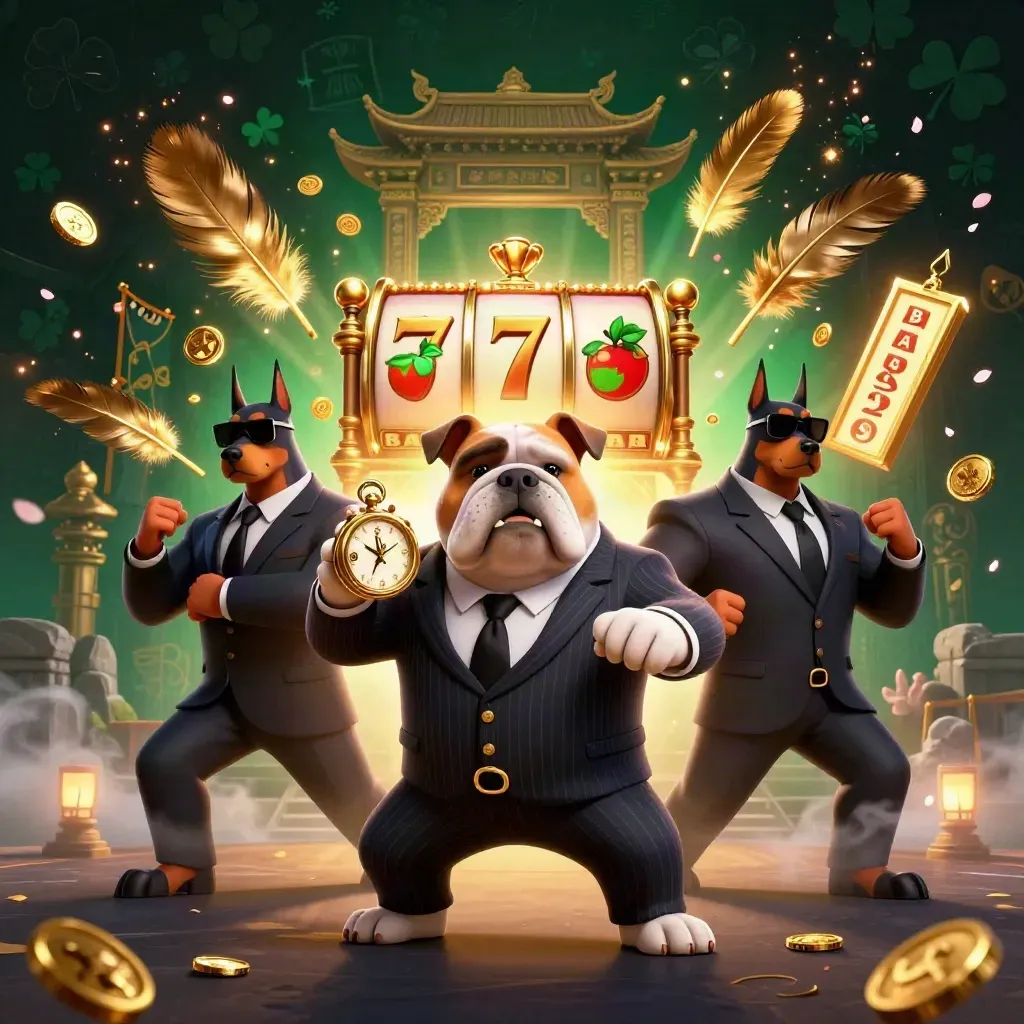 Bulldog boss with Doberman guards amid casino loot, temple gate, and glowing effects.