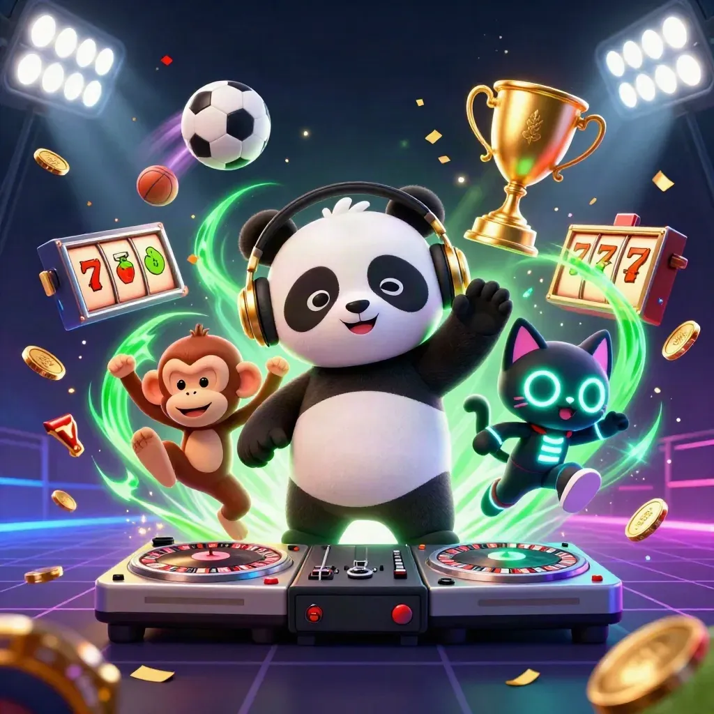 DJ panda, dancing monkey, and rave kitten amid roulette wheels, balls, coins, and neon casino effects