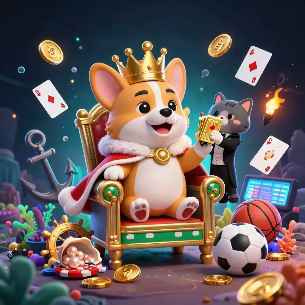 Royal corgi king and cat butler amid casino treasures, coins, coral, cards, and neon sea magic.