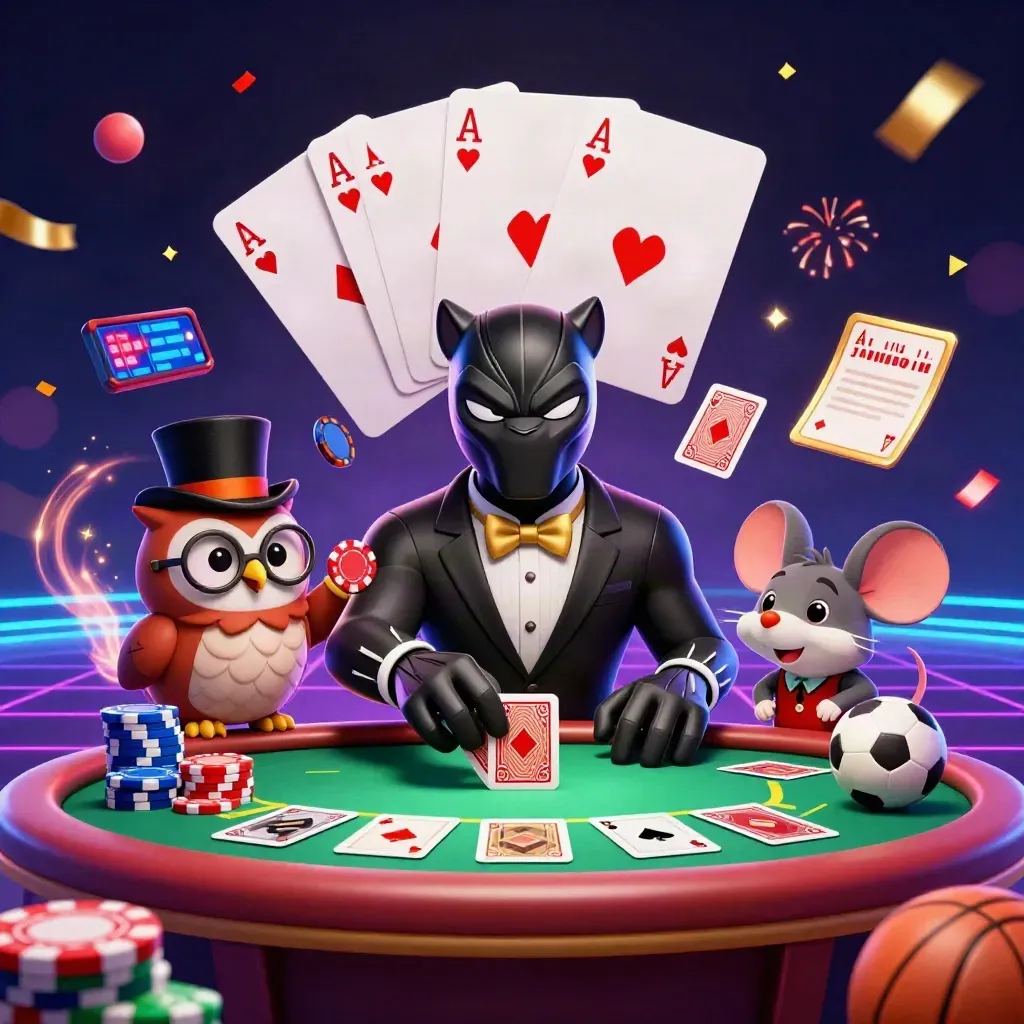 Panther, owl and mouse casino heroes with chips, cards and neon sports betting energy