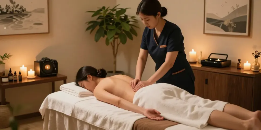 Relaxation scene of 강남출장마사지 in an elegant spa with calming decor and soothing ambiance.